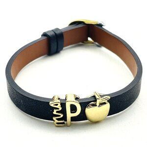 KEEP COLLECTIVE Black Leather Bracelet Gold Teacher Apple Charm Signed Gift